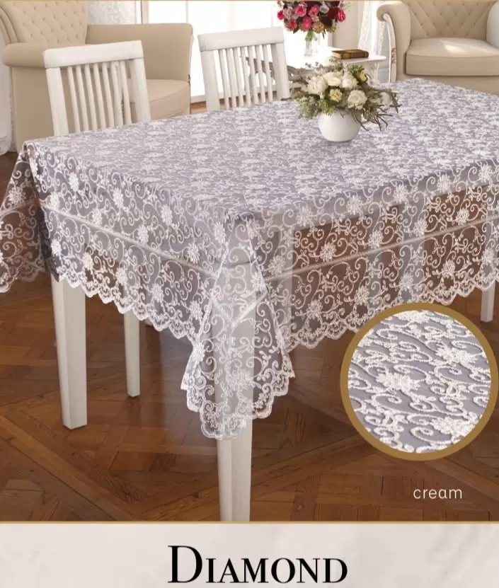 160x260cm Daimond Model Krem Dertsiz İşlemeli Dantelli Yemek Masası Örtüsü