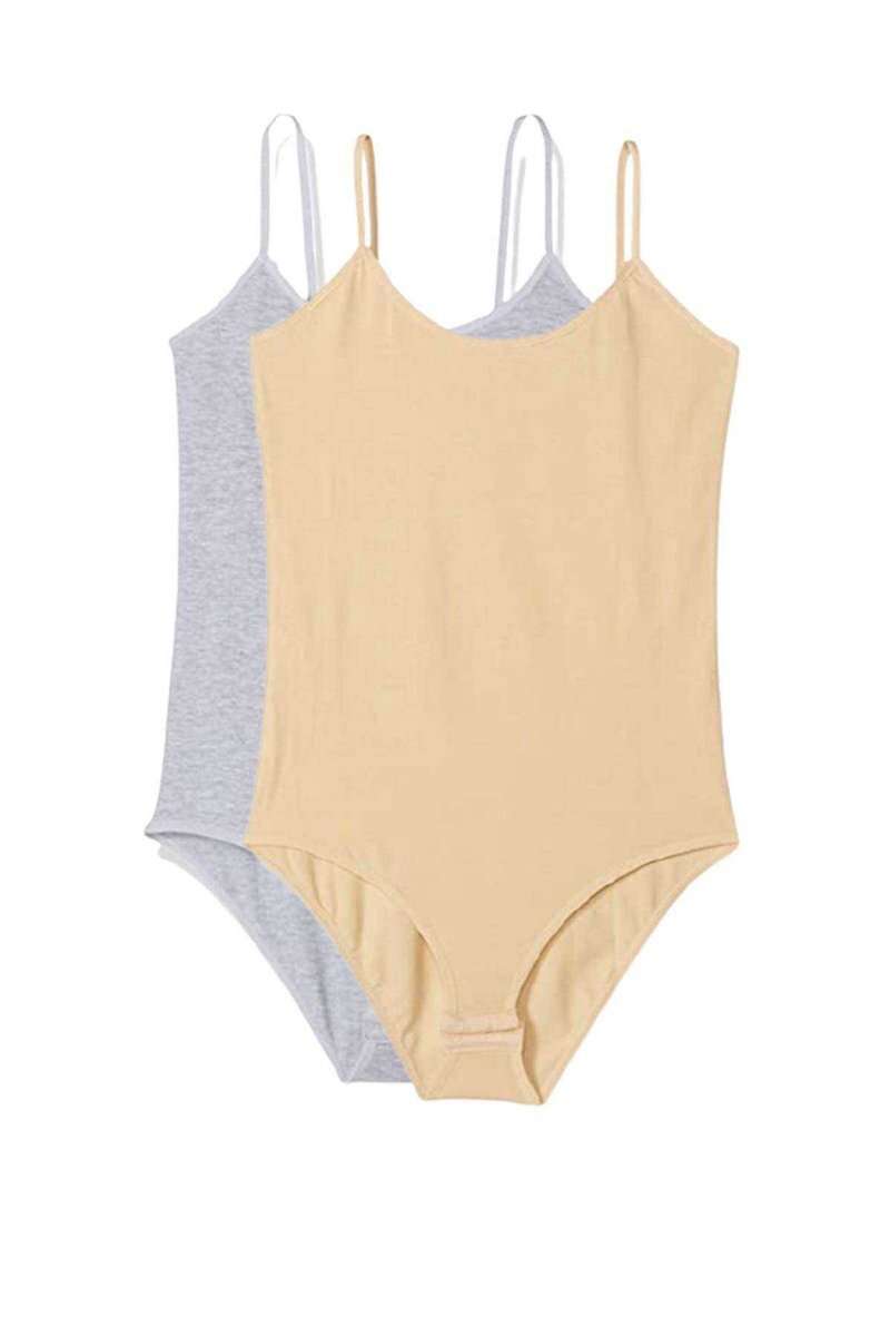 2 Adet İp Askılı Kadın Çıtçıtlı Body Gri ve Ten