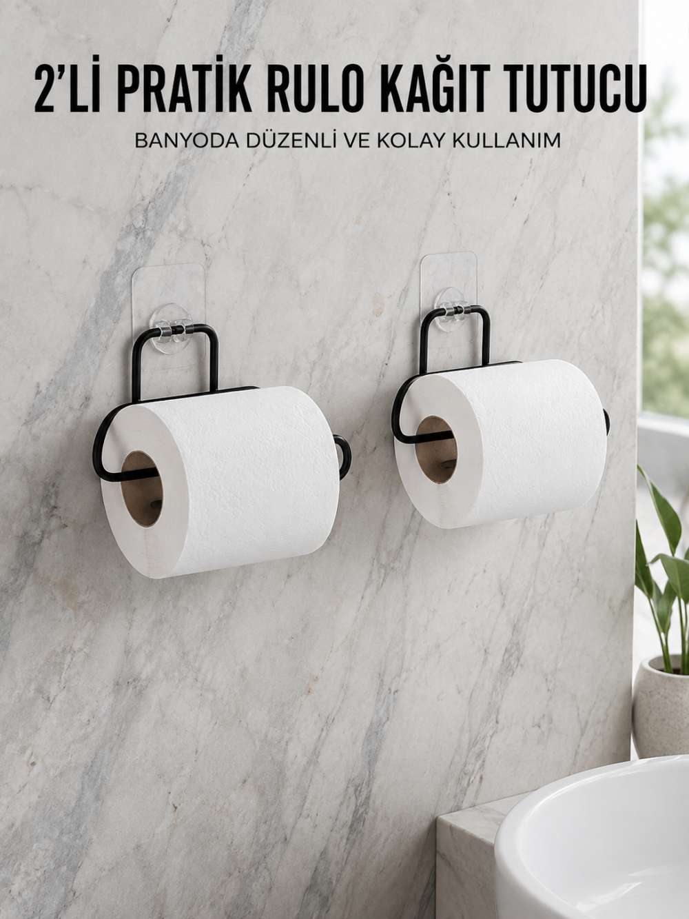 2 Adet Siyah Yapışkanlı Kağıtlık Duvar Tipi Tuvalet Kağıdı ve Rulo Tutucu