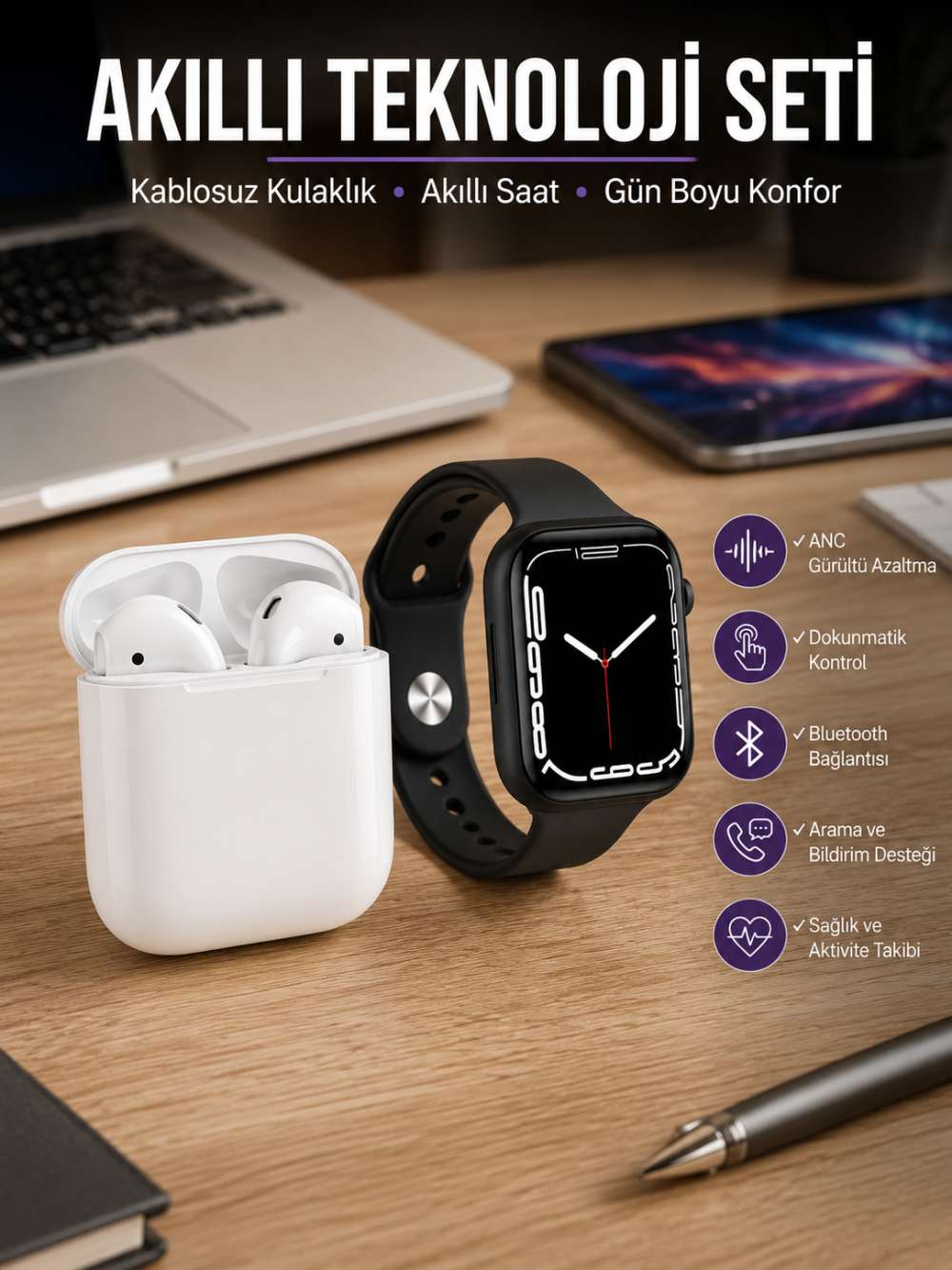 2025 Model Akıllı Saat ve 2.Nesil TWS Bluetooth Kulaklık ANC Özelliği Amoled Ekran