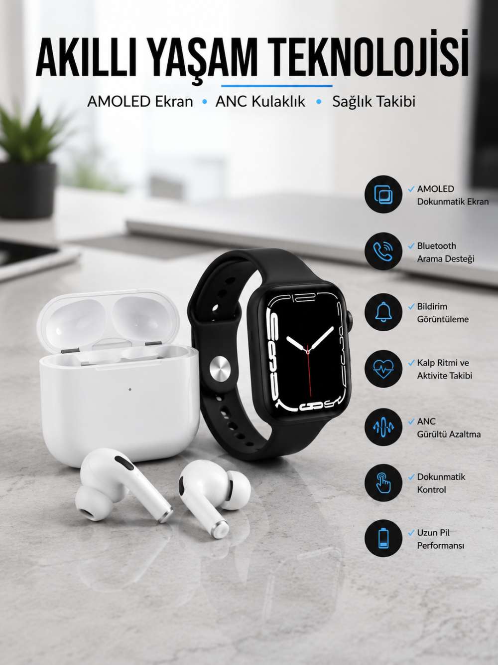 2025 Model Akıllı Saat ve Yeni Nesil Pro Bluetooth Kulaklık TWS Yüksek Ses Kaliteli