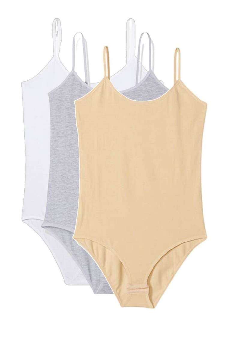 3 Adet İp Askılı Kadın Çıtçıtlı Body Beyaz Gri Ten