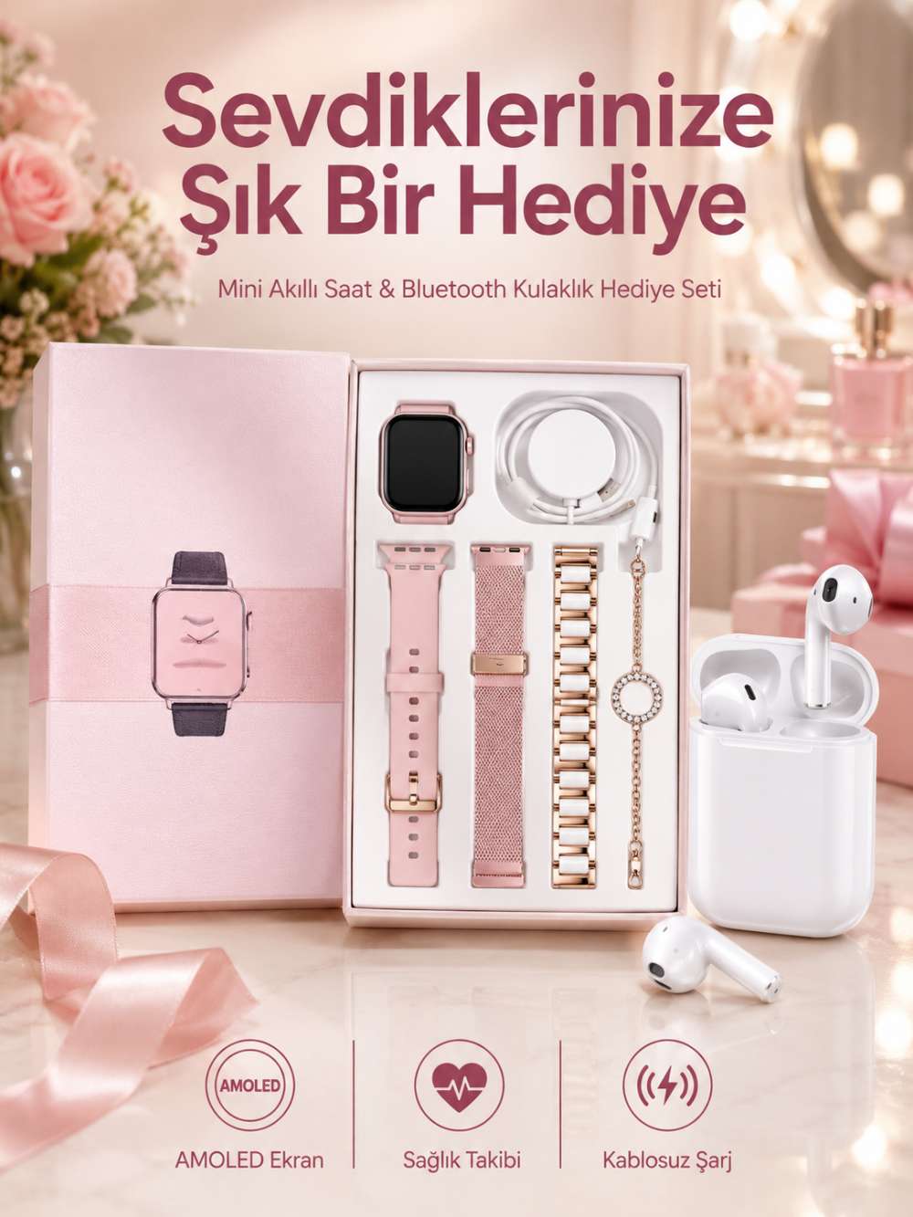 3 Kordonlu Dokunmatik Ekran Akıllı Saat ve 2.Nesil Kablosuz Bluetooth Kulaklık ANC/ENC