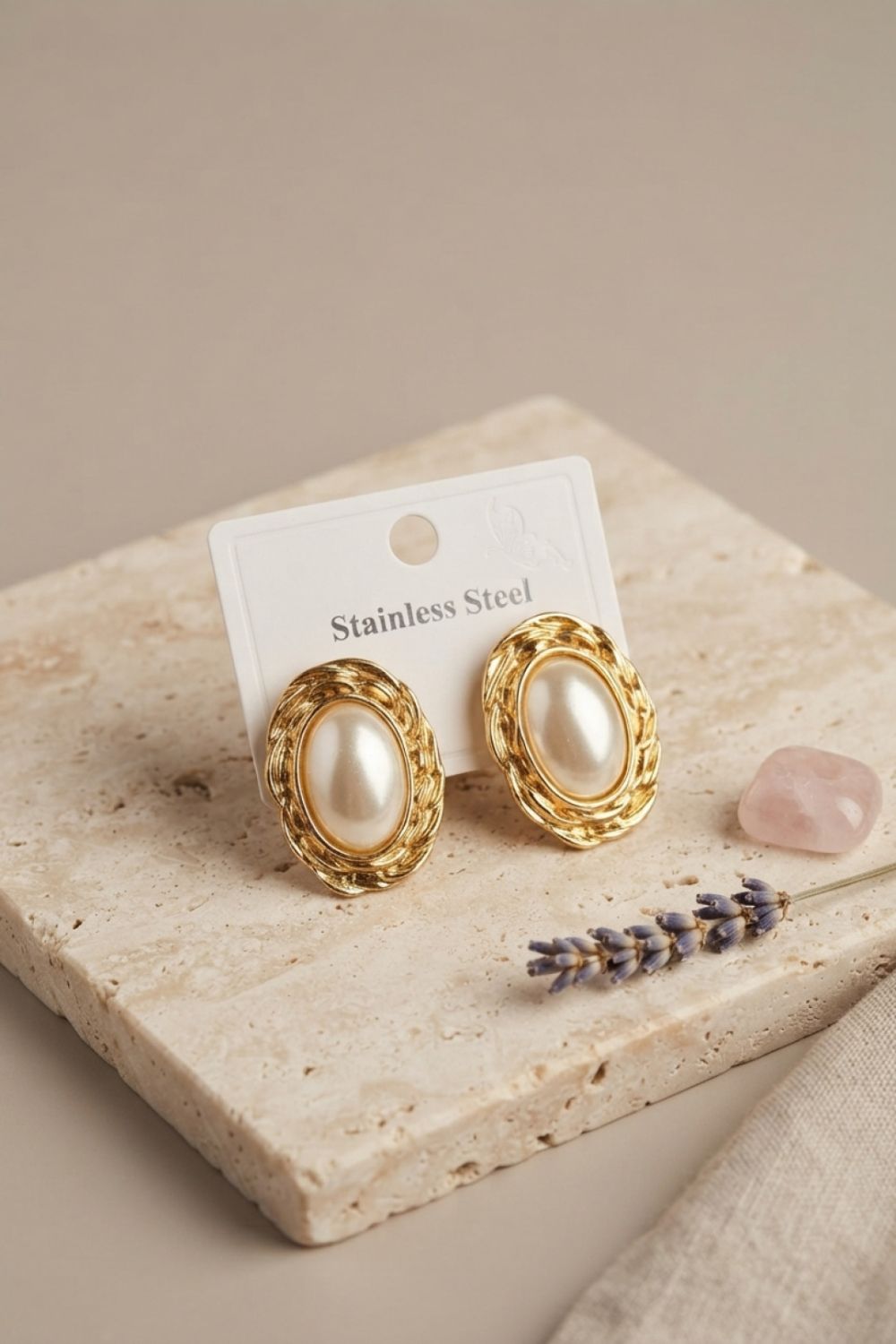 316L Gold Renk Gold Renk Vintage Beyaz İncili Model Küpe