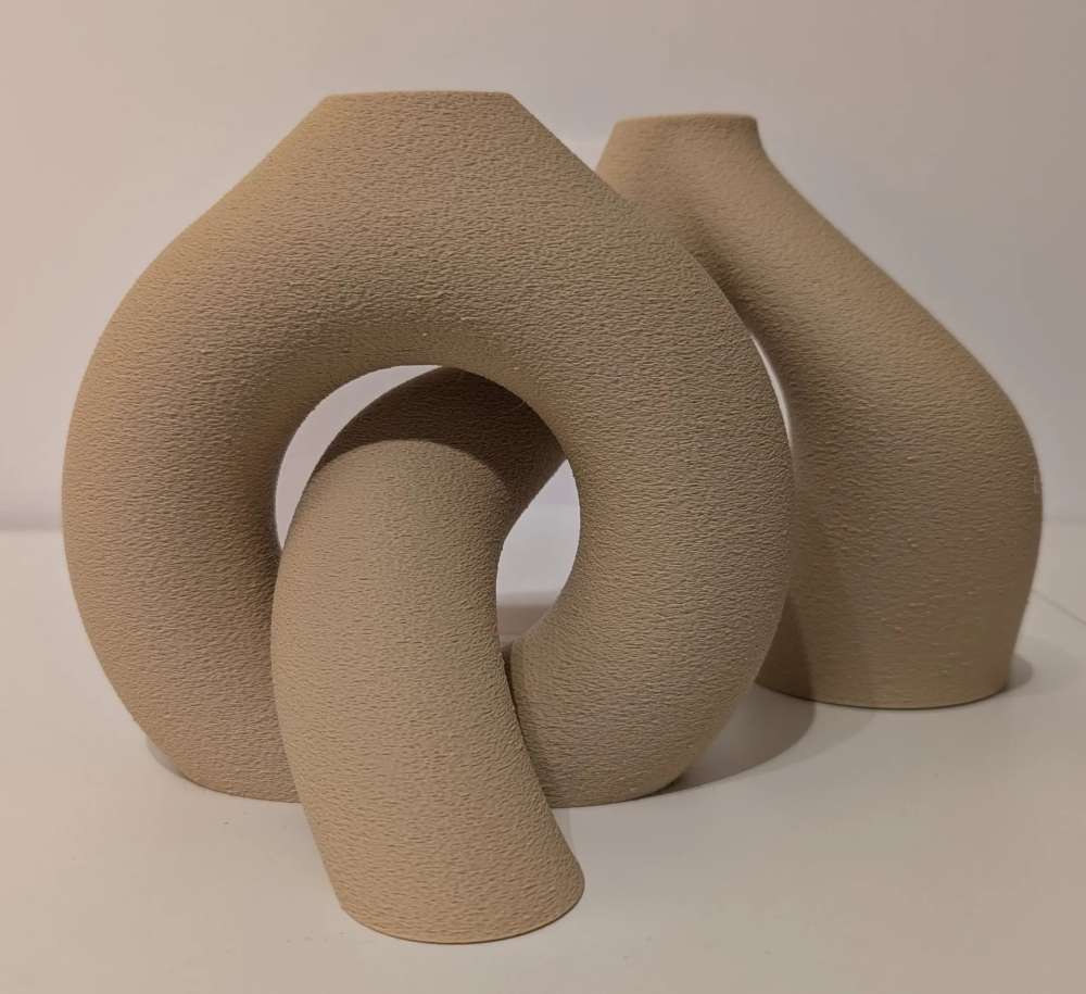 3D Baskı 2li Organik Formlu Vazo Seti Kum Dokulu Modern Kuru Çiçeklik Bej Dekoratif İkili Set