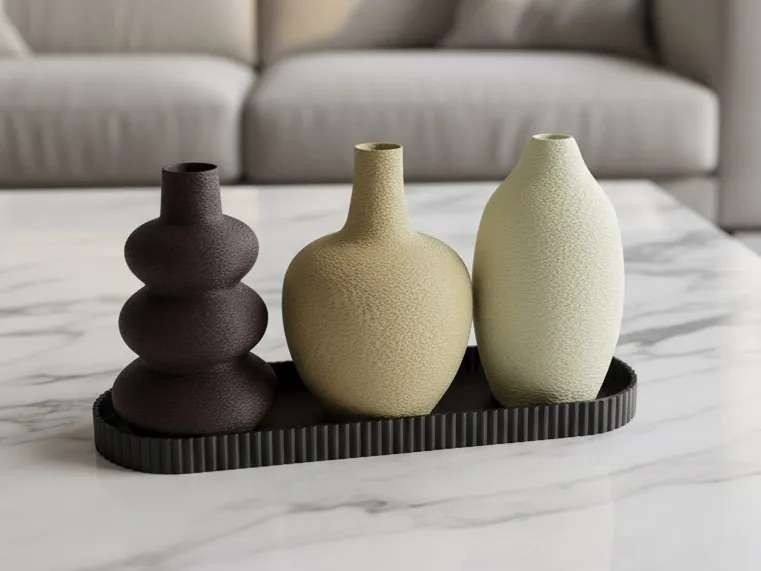 3D Baskı 3lü Dekoratif Vazo Seti ve Sunum Tepsisi - Modern Minimalist Masa Dekoru