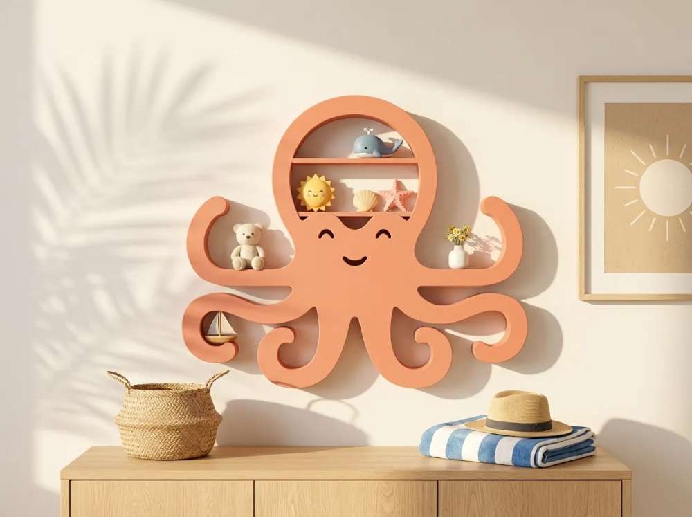 3D Baskı Ahtapot Duvar Rafı - Dekoratif Mini Raf-Turuncu