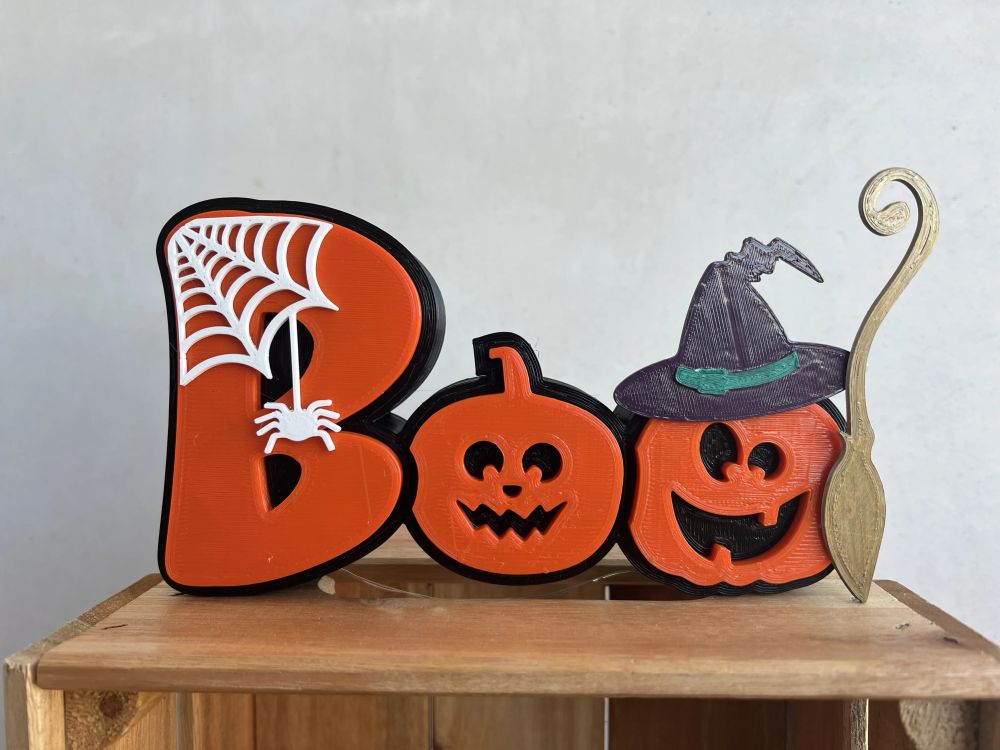 3D Baskı Boo Yazılı Halloween Masa Süsü Örümcek Ağı Balkabağı Detaylı Cadılar Bayramı Dekoru Turuncu Siyah
