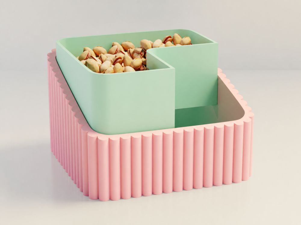 3D Baskı Fıstık Kasesi - Çift Hazneli Kabuk Ayırıcı Sunum Kasesi - Pembe Mint