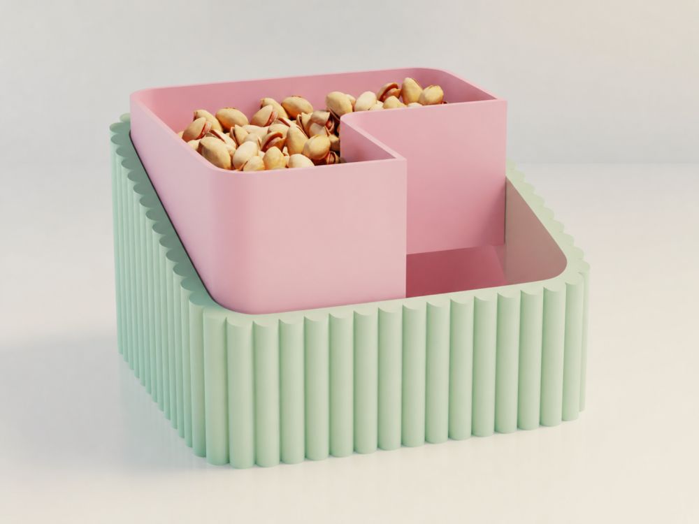 3D Baskı Fıstık Kasesi - Çift Hazneli Kabuk Ayırıcı Sunum Kasesi - Mint Pembe