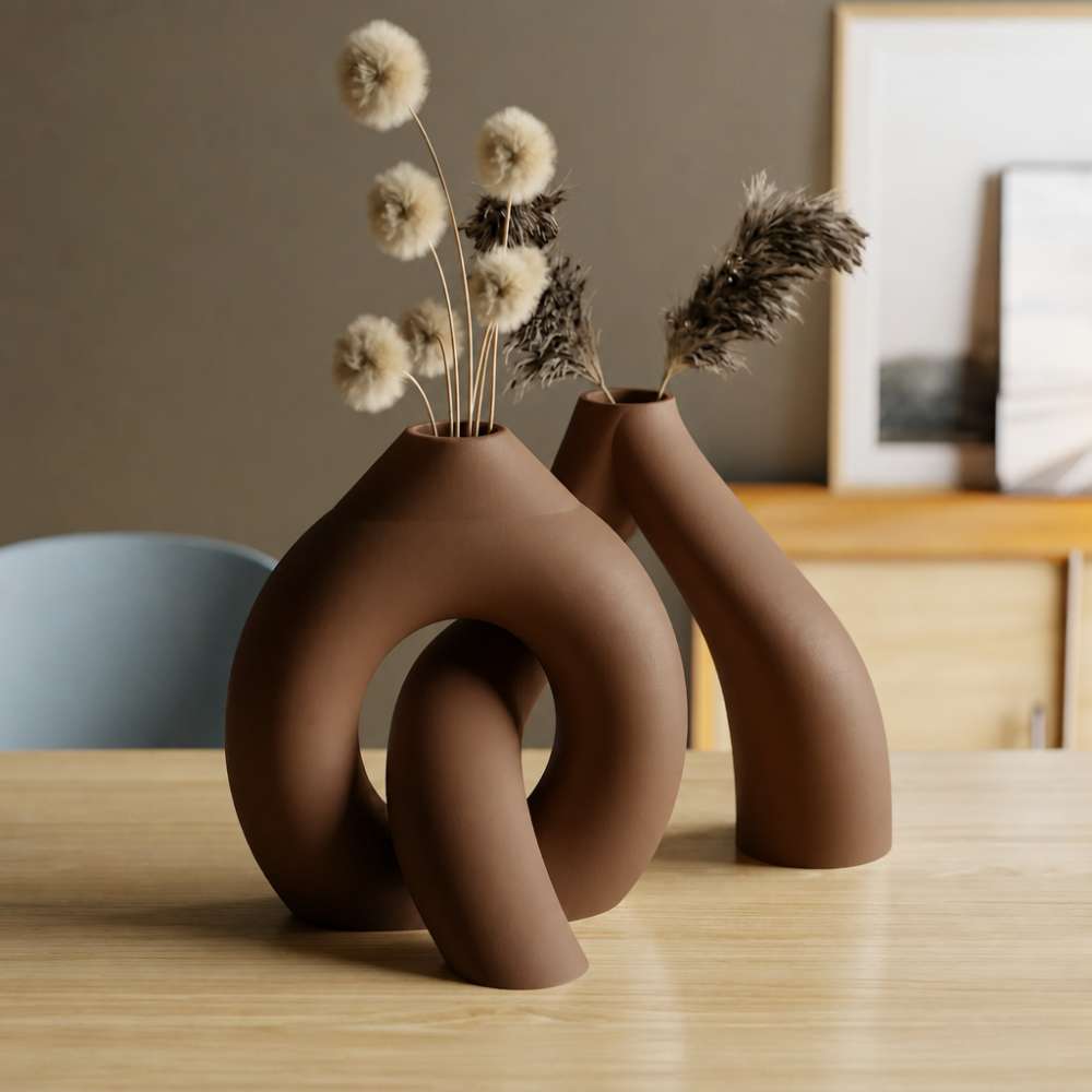 3D Baskı Interlocking Vazo - İç İçe Geçen Dekoratif Vazo-Kahverengi