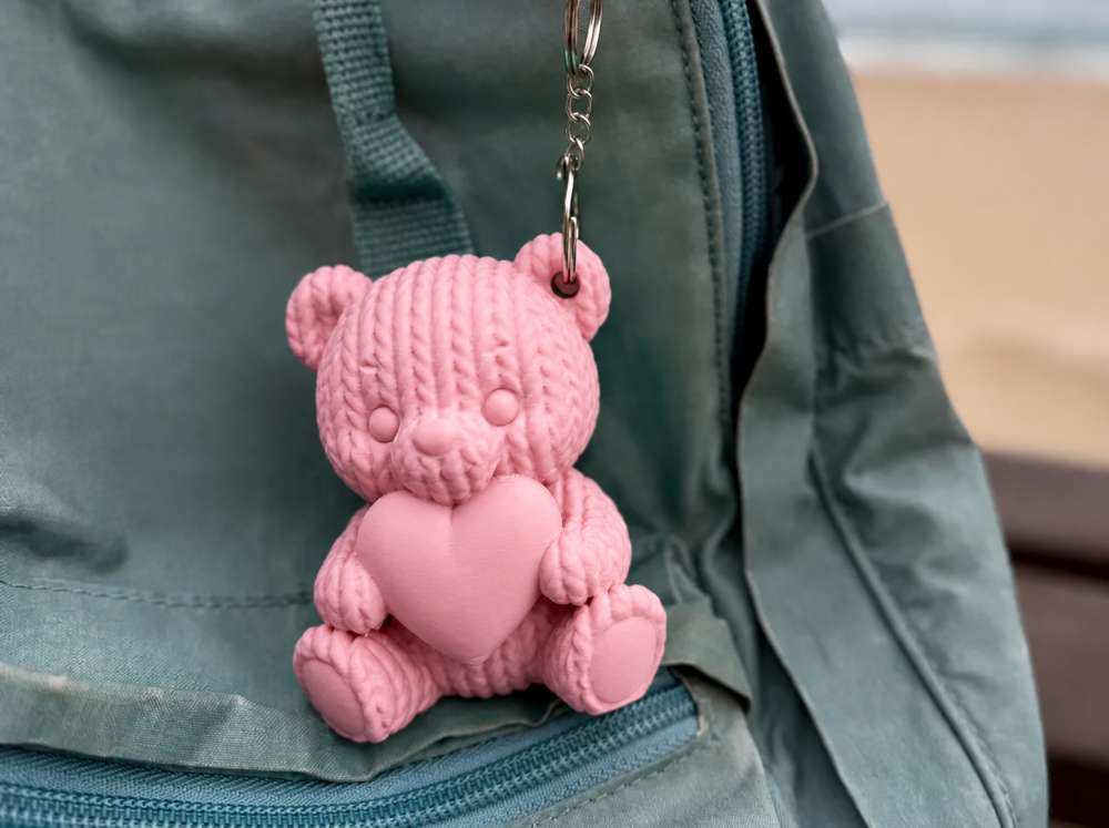 3D Baskı Kalpli Örgü Ayıcık Anahtarlık - Sevimli Çanta Süsü-Pembe