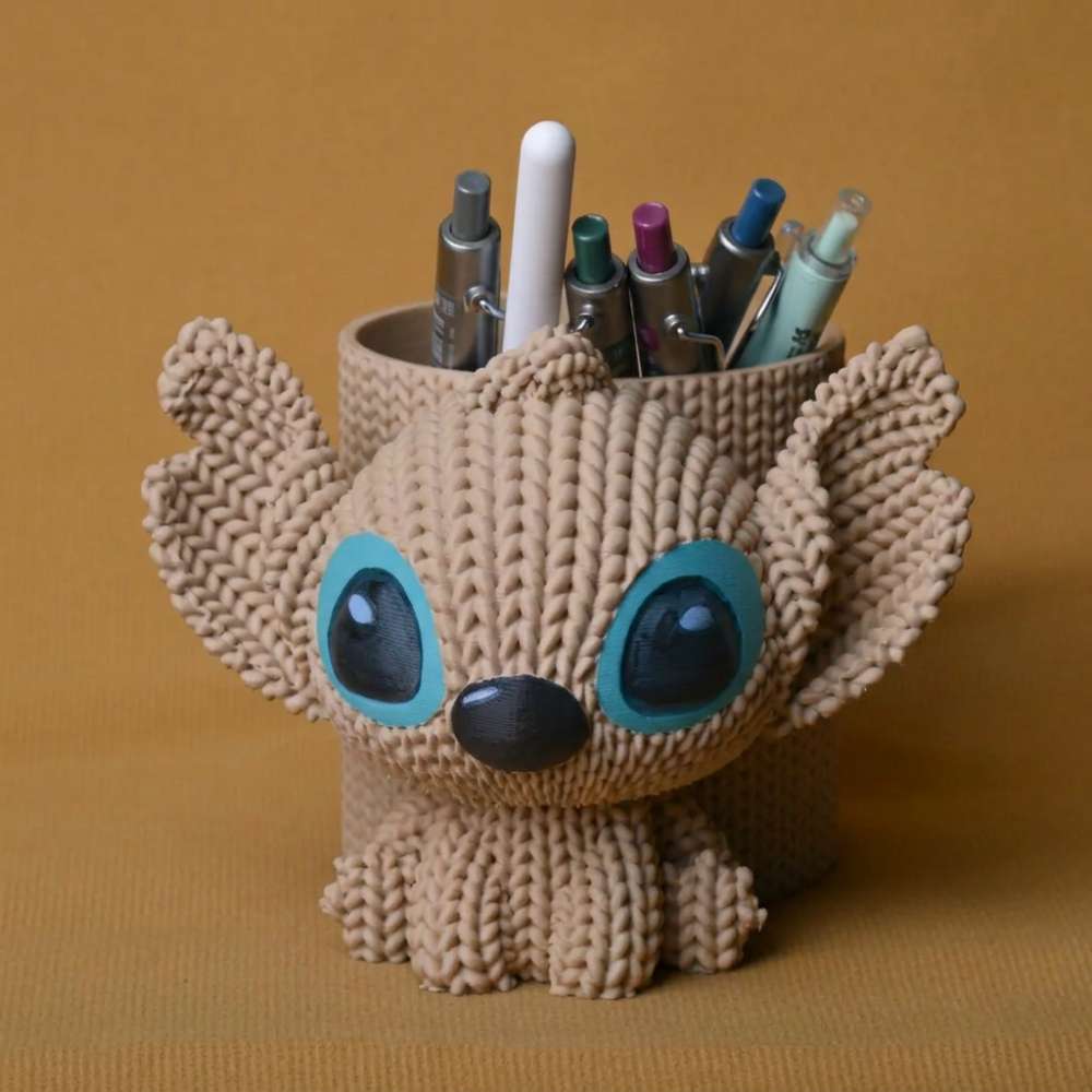 3D Baskı Knitted Kalemlik - Sevimli Karakterli Masaüstü Kalem Organizeri-Bej