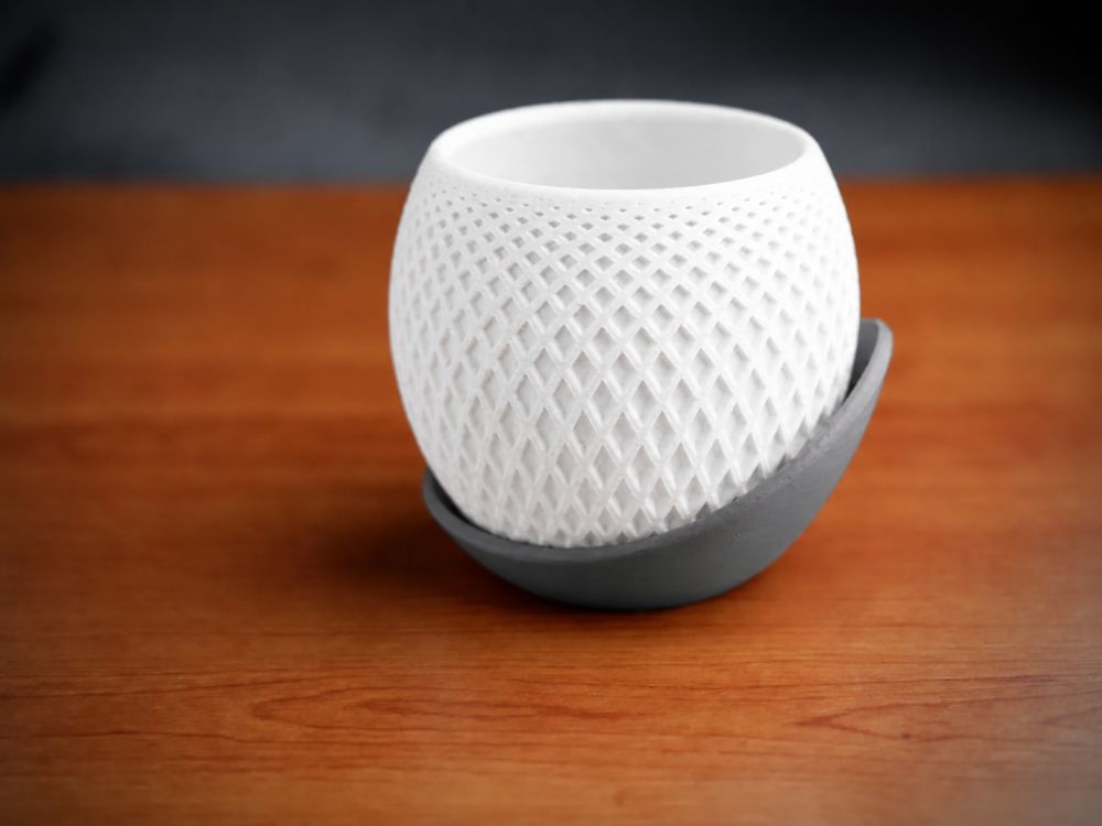 3D Baskı Küre Saksı - Kafes Dokulu İki Parçalı Dekoratif Saksı - Beyaz-Gri
