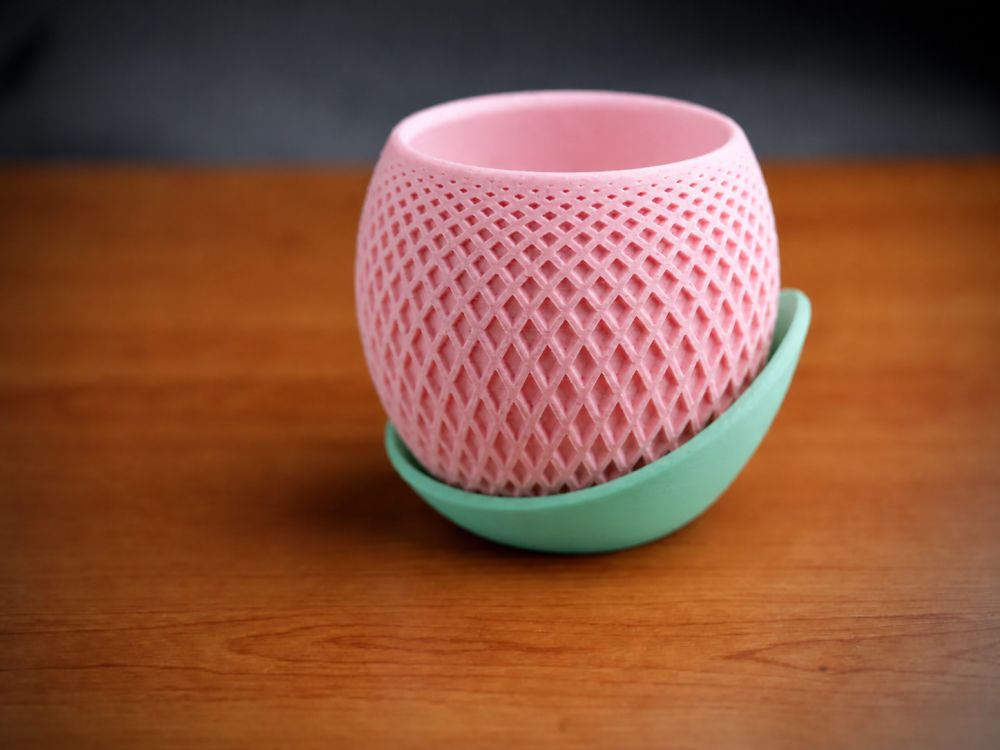 3D Baskı Küre Saksı - Kafes Dokulu İki Parçalı Dekoratif Saksı - Pembe-Mint