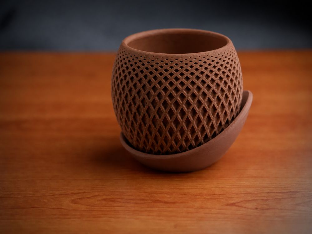 3D Baskı Küre Saksı - Kafes Dokulu İki Parçalı Dekoratif Saksı - Kahverengi-Kahverengi
