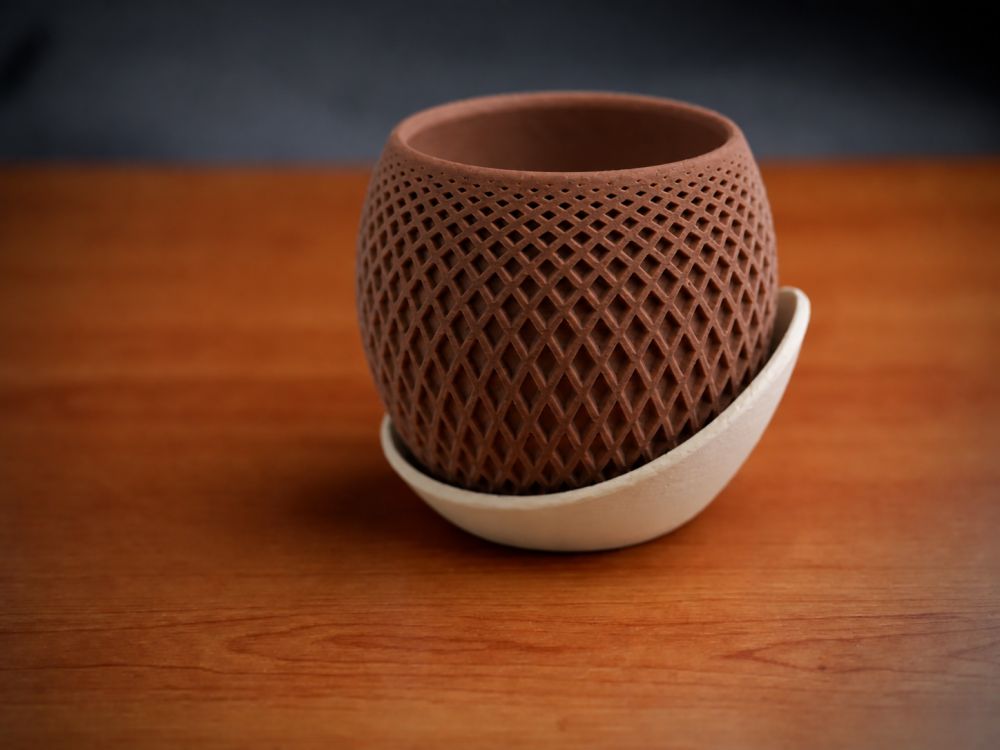 3D Baskı Küre Saksı - Kafes Dokulu İki Parçalı Dekoratif Saksı - Kahverengi-Bej