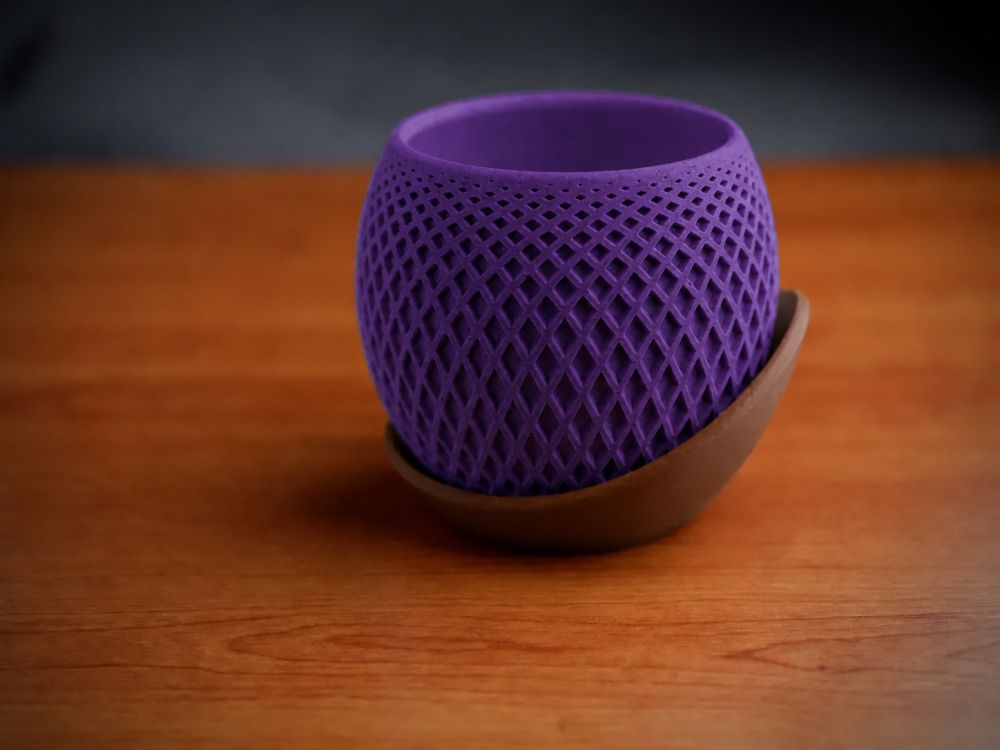 3D Baskı Küre Saksı - Kafes Dokulu İki Parçalı Dekoratif Saksı - Mor-Kahverengi
