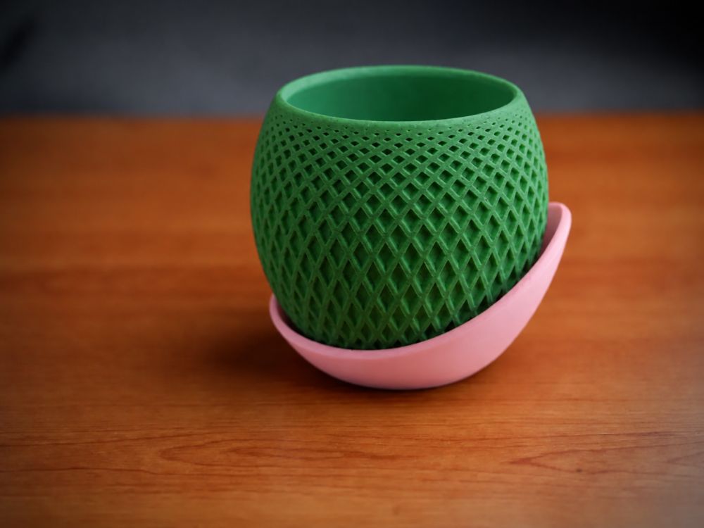 3D Baskı Küre Saksı - Kafes Dokulu İki Parçalı Dekoratif Saksı - Yeşil-Pembe