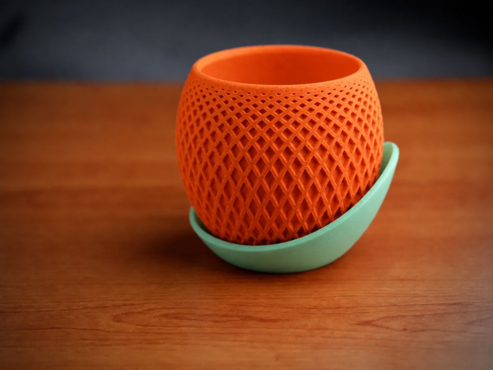 3D Baskı Küre Saksı - Kafes Dokulu İki Parçalı Dekoratif Saksı - Turuncu-Mint