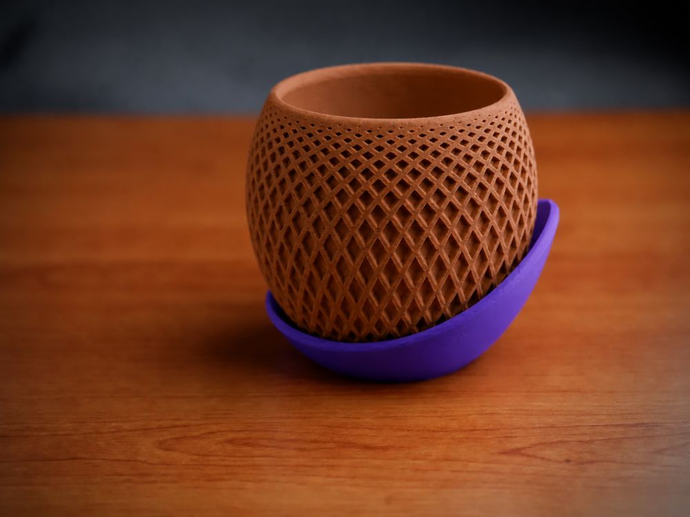 3D Baskı Küre Saksı - Kafes Dokulu İki Parçalı Dekoratif Saksı - Kahverengi-Mor
