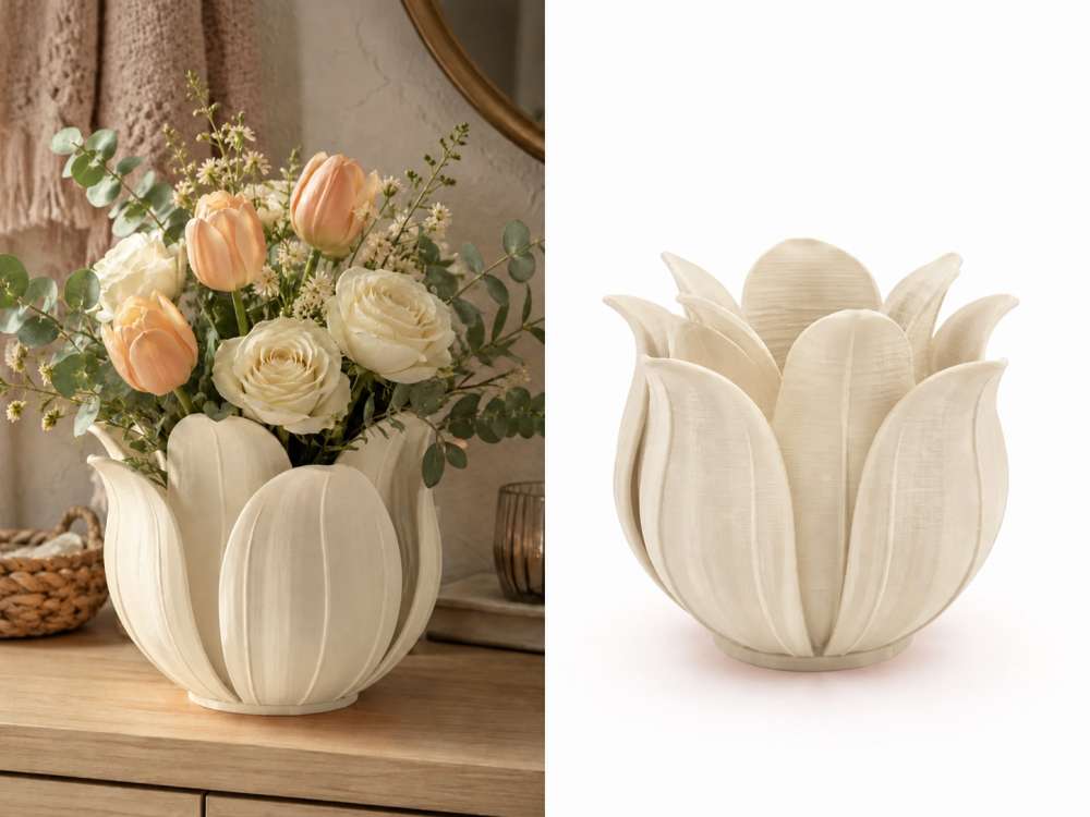 3D Baskı Lotus Yapraklı Vazo - Dekoratif Çiçeklik-Bej