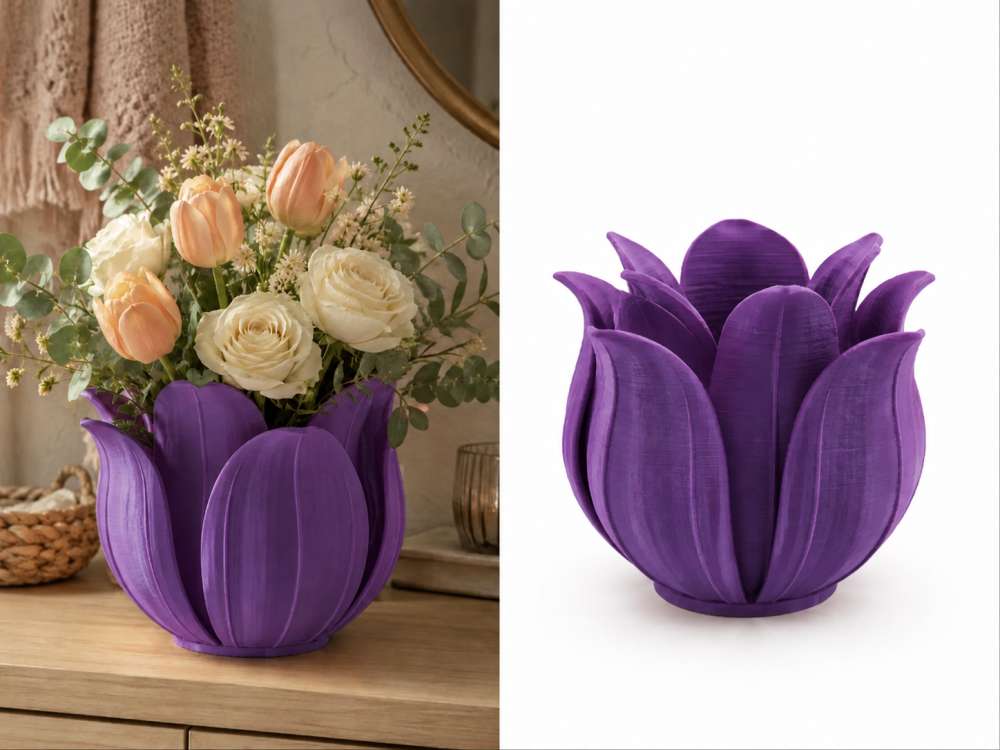 3D Baskı Lotus Yapraklı Vazo - Dekoratif Çiçeklik-Mor