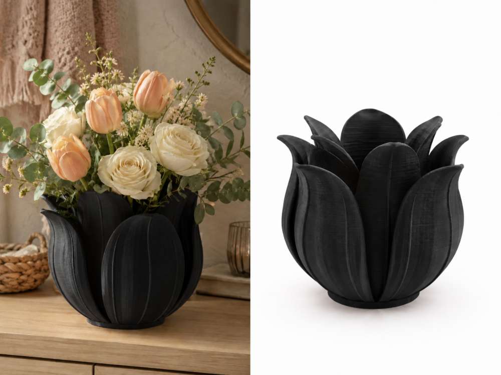 3D Baskı Lotus Yapraklı Vazo - Dekoratif Çiçeklik-Siyah