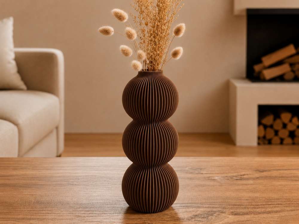3D Baskı Modern 3 Küre Dekoratif Vazo - Minimal Çiçek Vazosu, Masaüstü Ev ve Ofis Dekoru-Kahverengi