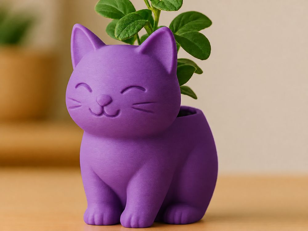3D Baskı Sevimli Kedi Saksı - Figürlü Sukulent Saksısı-Mor