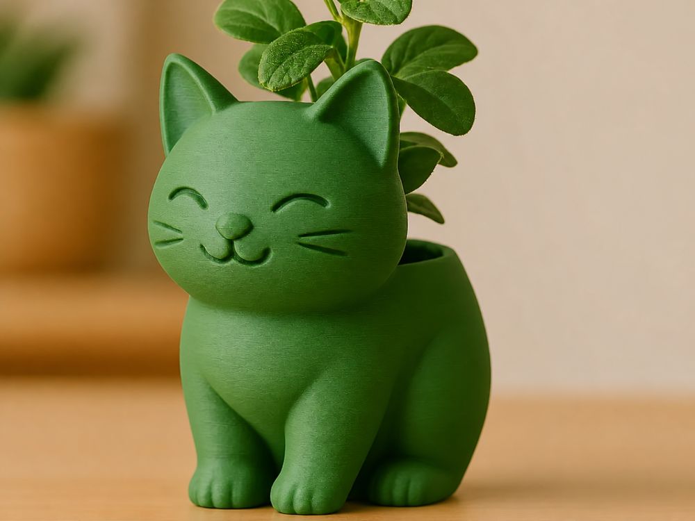 3D Baskı Sevimli Kedi Saksı - Figürlü Sukulent Saksısı-Yeşil