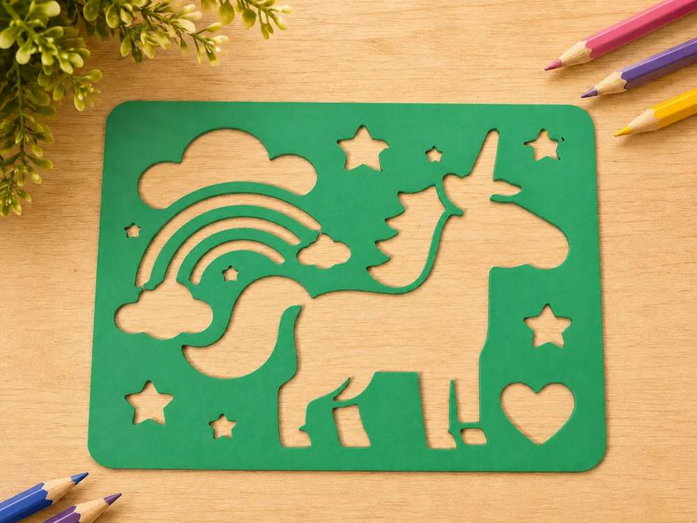3D Baskı Unicorn ve Gökkuşağı Çizim Şablonu - Desen Kalıbı - Yeşil