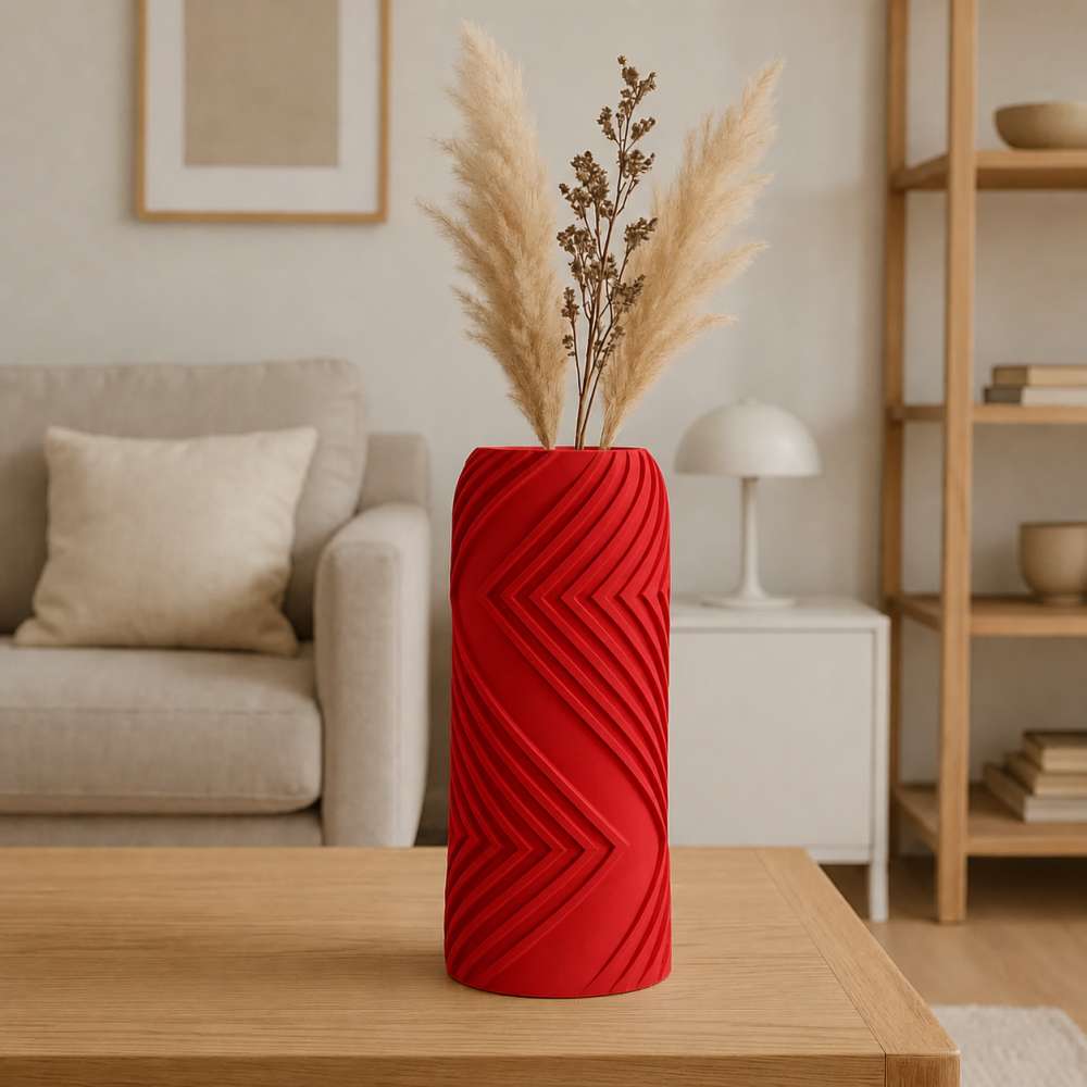 3D Baskı Vector Vazo - Geometrik Çizgili Dekoratif Vazo-Kırmızı