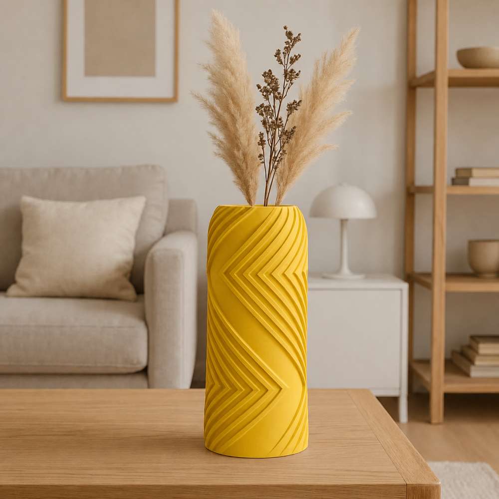 3D Baskı Vector Vazo - Geometrik Çizgili Dekoratif Vazo-Sarı