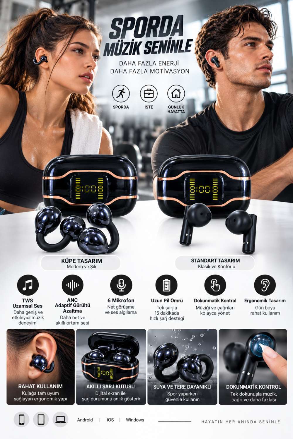 4 Kulaklıklı Bluetooth Kulaklık Seti TWS ANC Gürültü Azaltma 6 Mikrofon Kablosuz Şarj Dijital Ekranlı Kutu