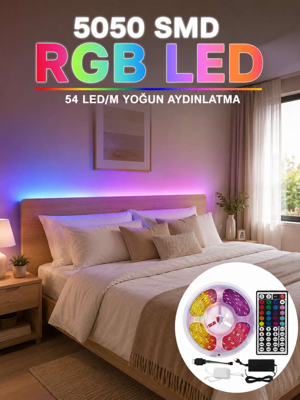 5050 SMD RGB LED Şerit 5 Metre Kumandalı Renkli TV Oda Masa Arkası Dekoratif Aydınlatma Seti