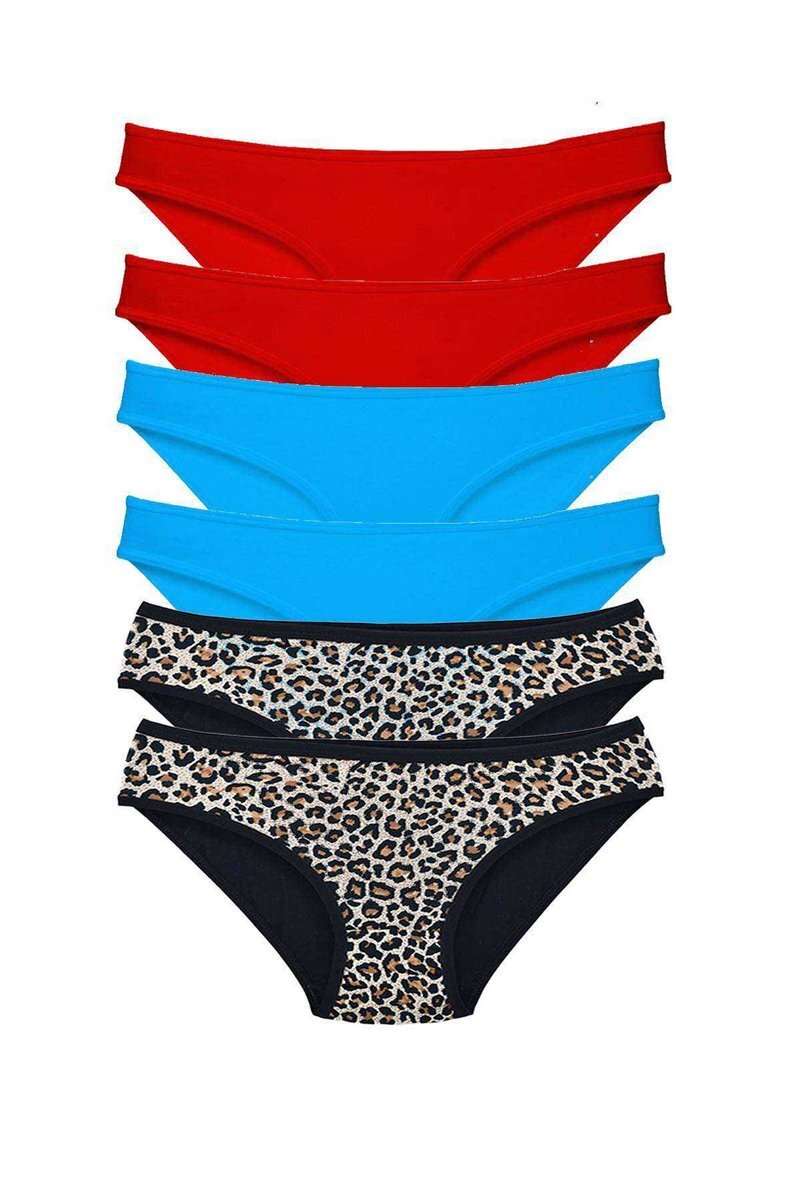 6 Adet Likralı Kadın Slip Külot Leopar Kırmızı Mavi