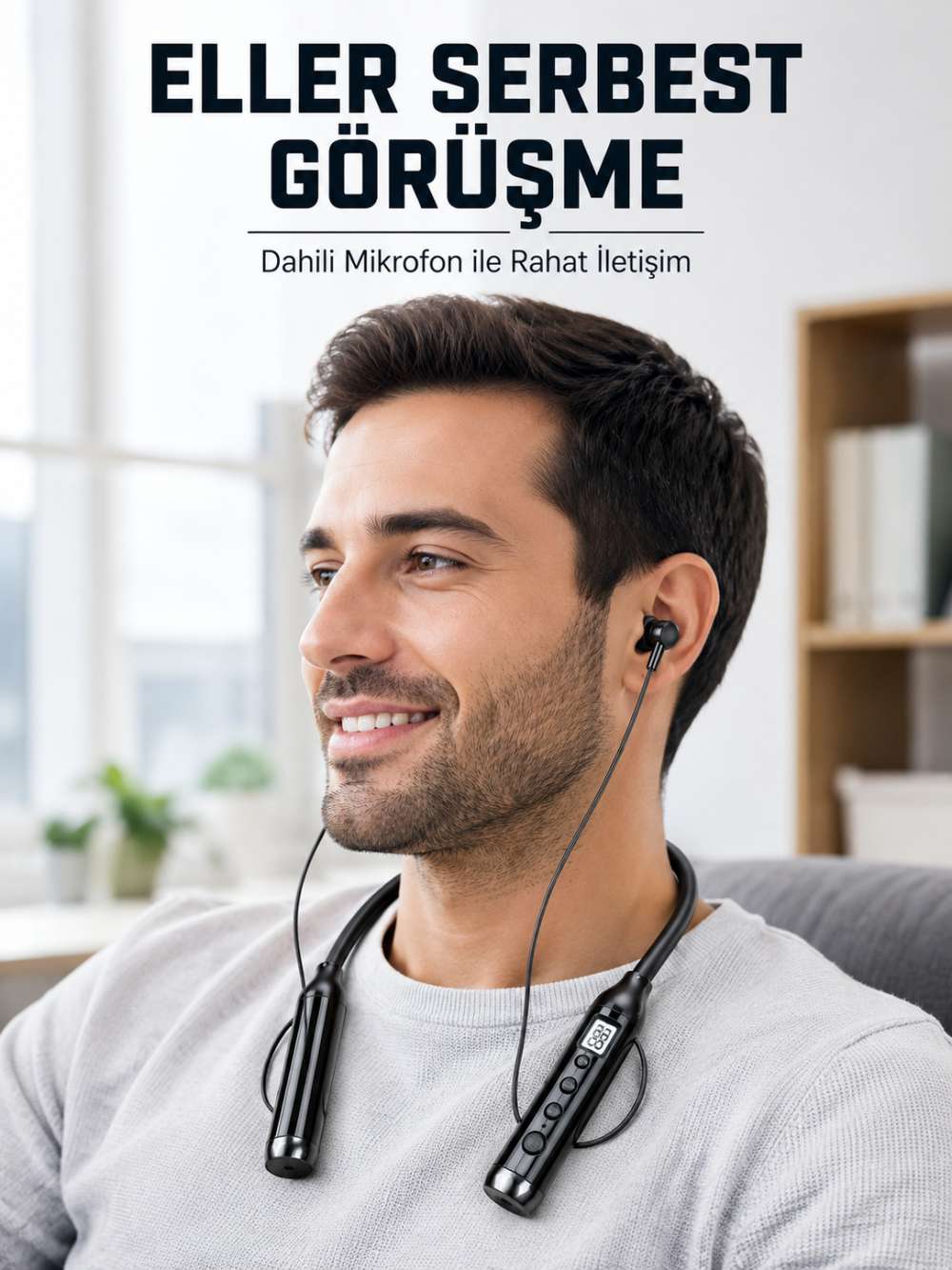 600 Saat Kullanım Süreli Boyun Tipi Bluetooth Kulaklık Mikrofonlu Dijital Göstergeli Kablosuz Kulak İçi Kulaklık