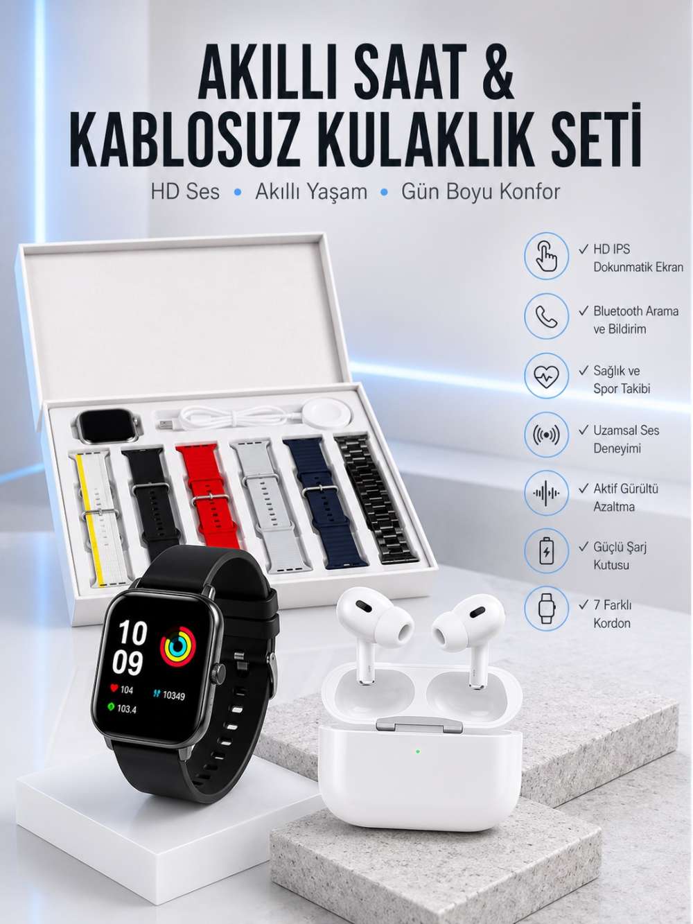 7 Kordonlu Akıllı Saat Ve Yeni Nesil Kulaklık Dokunmatik Ekran Android ve İOS Uyumlu