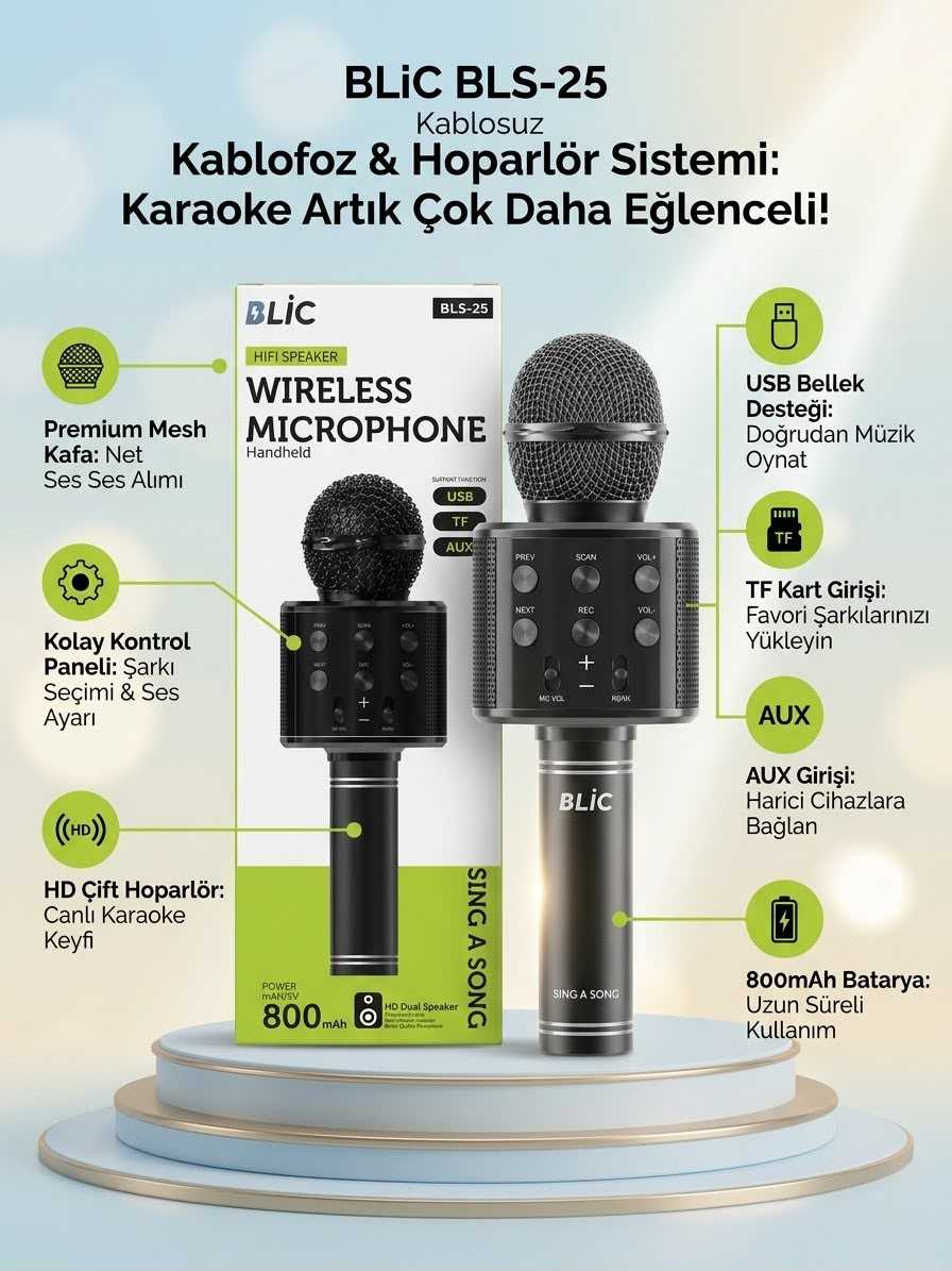 800mAh Bataryalı Taşınabilir Kablosuz Karaoke Hoparlörlü Mikrofon 