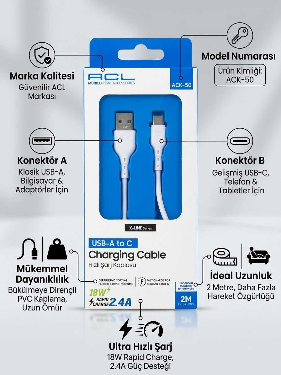 ACK-50 2.4A Ultra Hızlı Şarj ve Veri Kablosu - 2M 