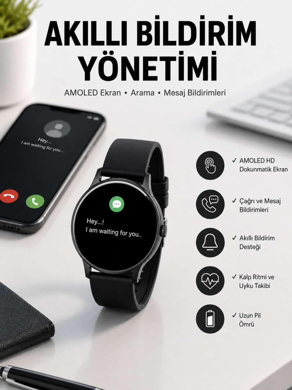 Akıllı Saat Çok Fonksiyonlu Sesli Görüşme NFC Uyumlu Amoled Ekran Yeni Nesil