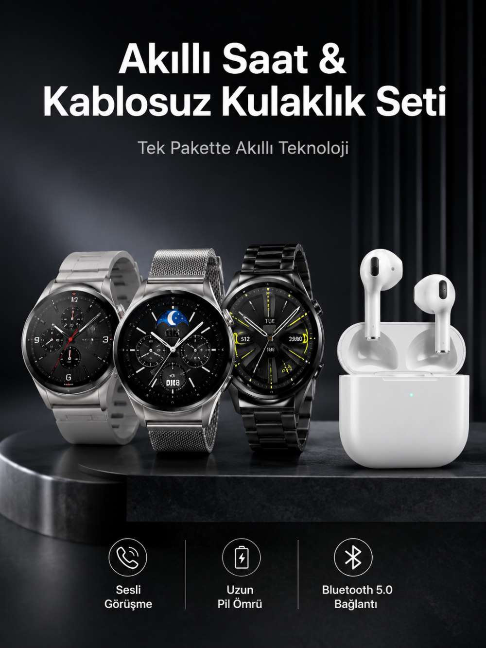 Akıllı Saat ve Kulaklık Seti Dokunmatik Ekran 5.0 Bluetooth Bağlantılı Sesli Görüşme