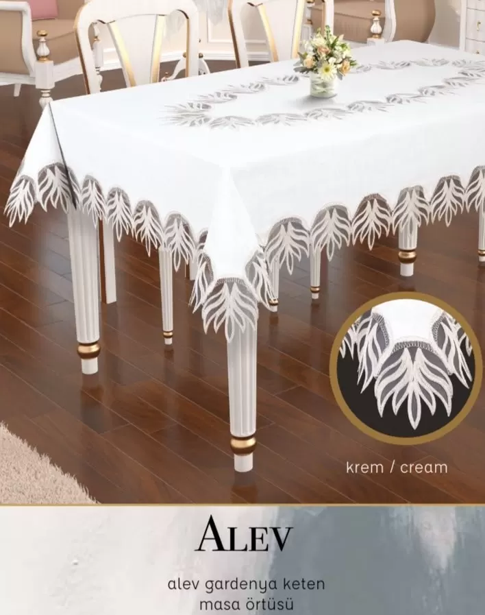 Alev Model Gardenya Keten Krem 160x220 cm Dantelli Premium Tek Masa Örtüsü