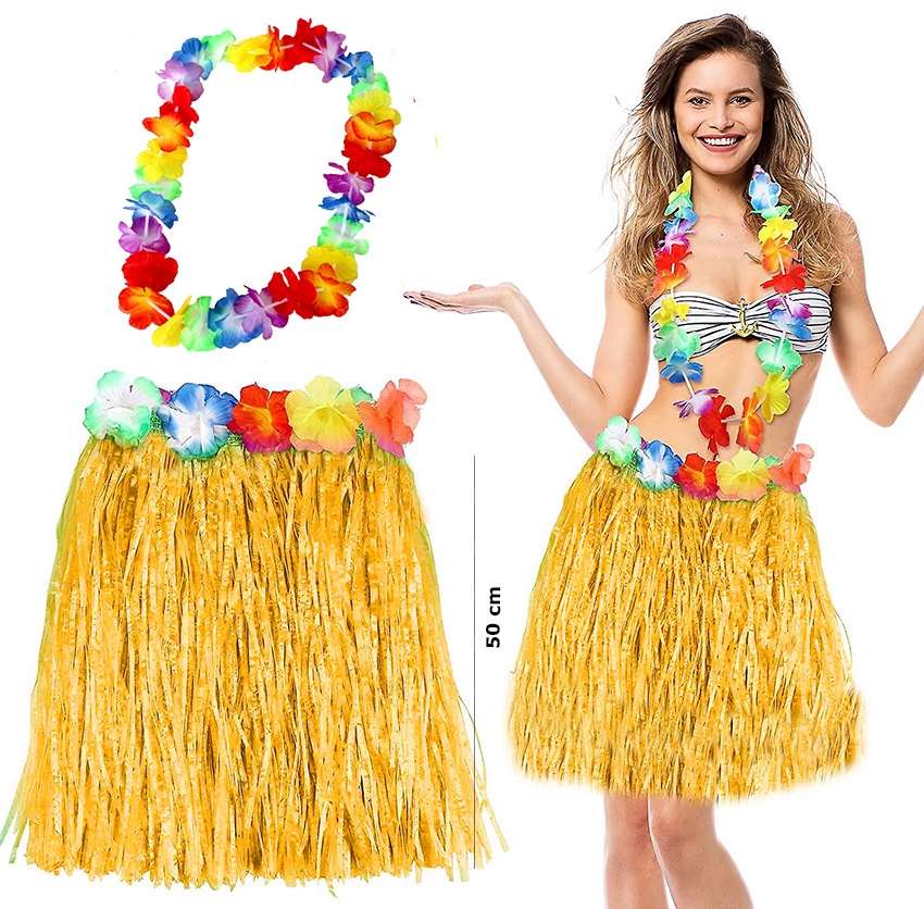 Aloha Sarı Püsküllü 50 cm Etek ve Kolye Seti