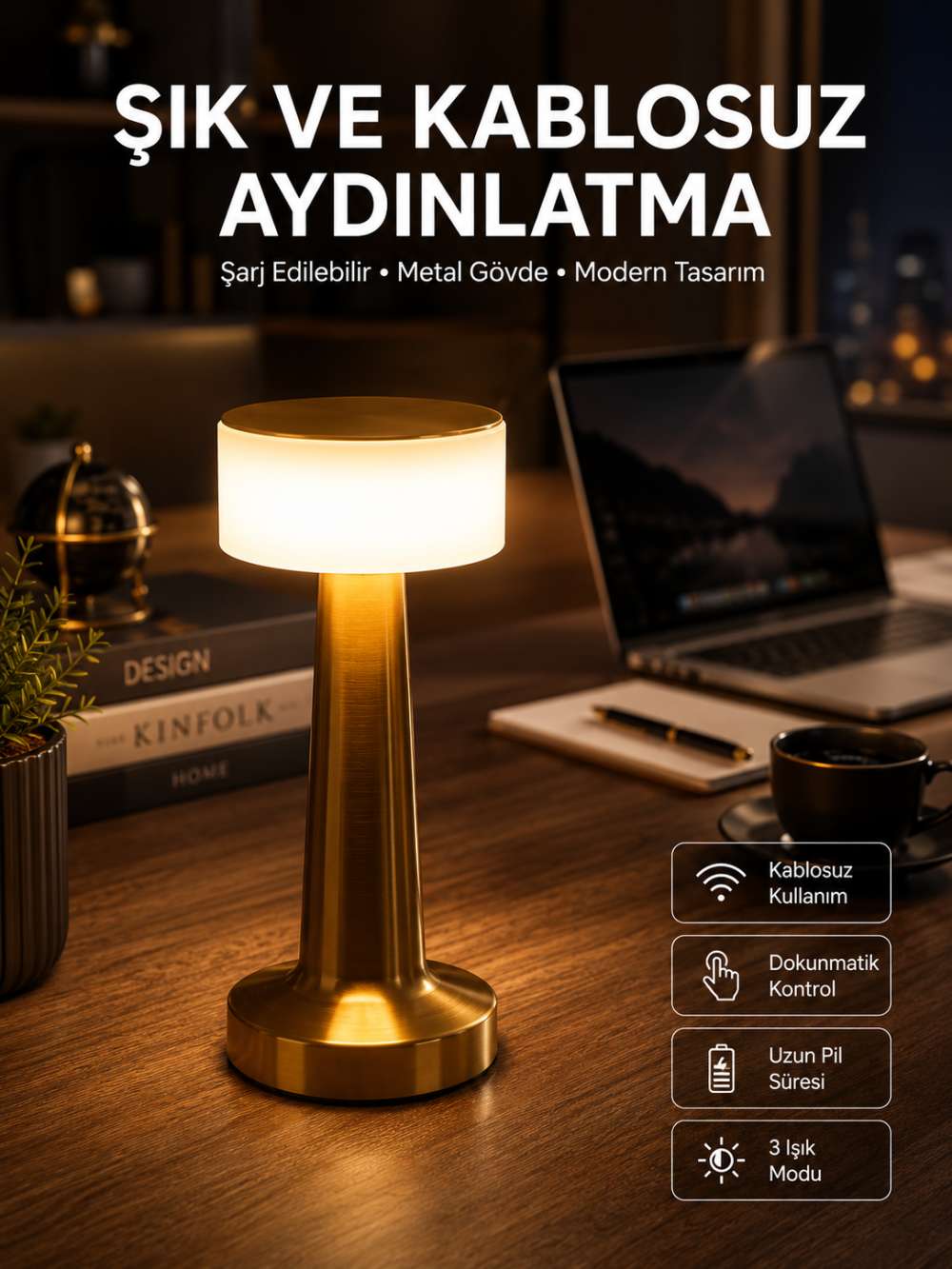 Altın Rengi Masa ve Gece Lambası Dokunmatik Şarjlı Masa Lambası