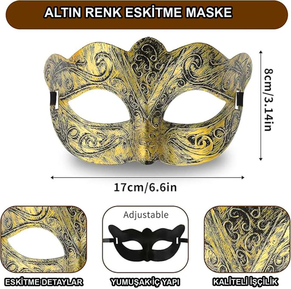 Altın Renk Eskitme Maskeli Balo Maskesi ? Venedik Tarzı Parti Maskesi