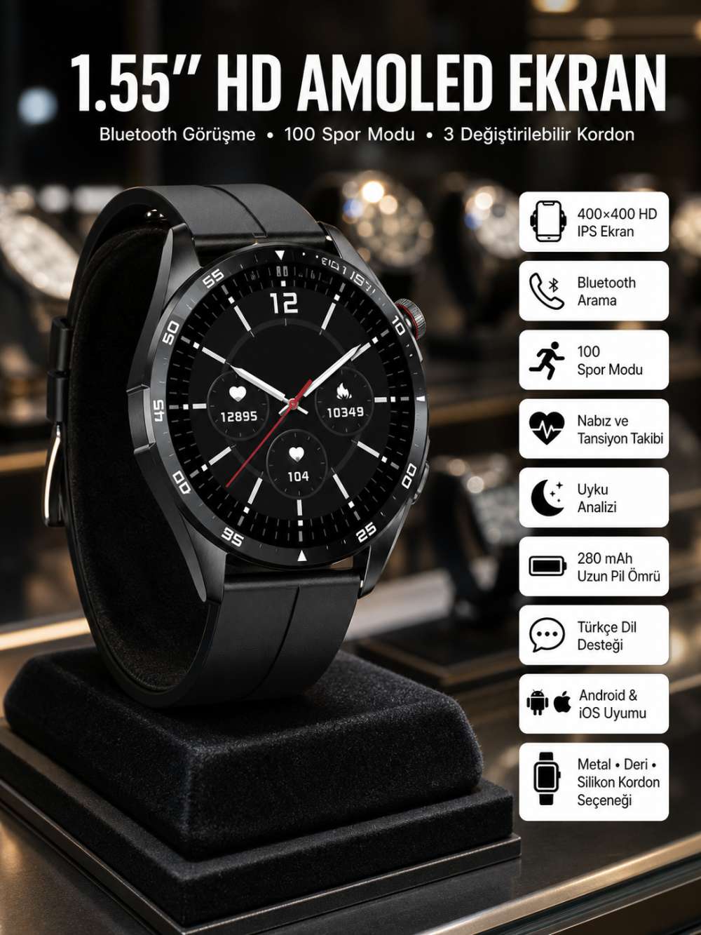 Amoled Ekran 3 Kordonlu Akıllı Saat 5.0 Bluetooth Bağlantılı Android ve İOS Uyumlu