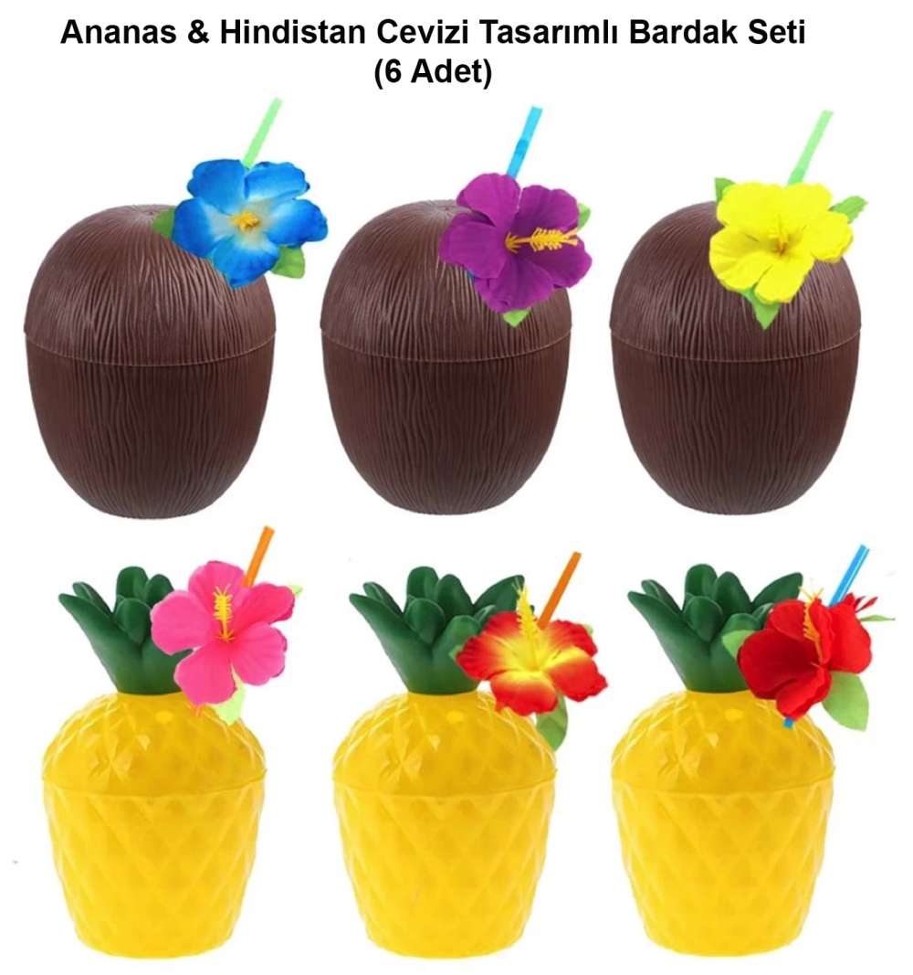 Ananas & Hindistan Cevizi Tasarımlı Pipetli Bardak Seti (6 Adet)