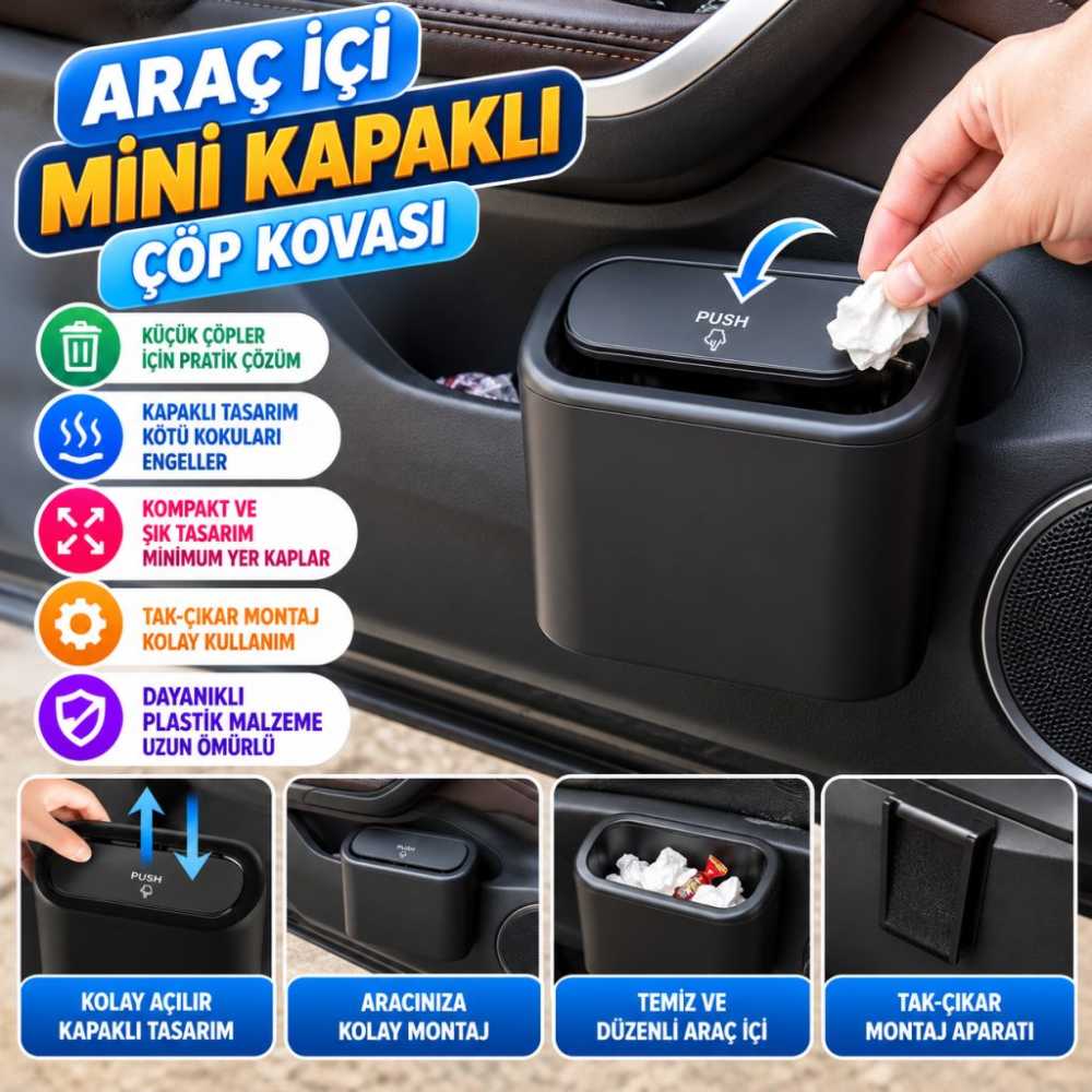 Araç İçi Takılarak Sabitlenebilen Mini Kapaklı Çöp Kovası